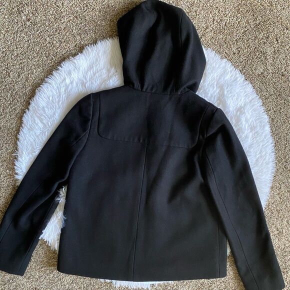 J. Crew Melton Wool Coat Black Hooded Zip Front Womens Size 4P - Picture 2 of 10